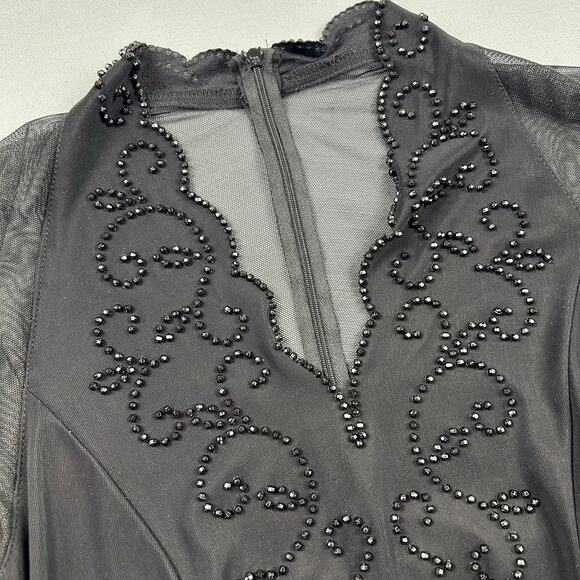 Vintage Beaded Blouse Black Sheer Long Sleeve Deep V-Neck Shirt Scallop Date - Picture 7 of 11